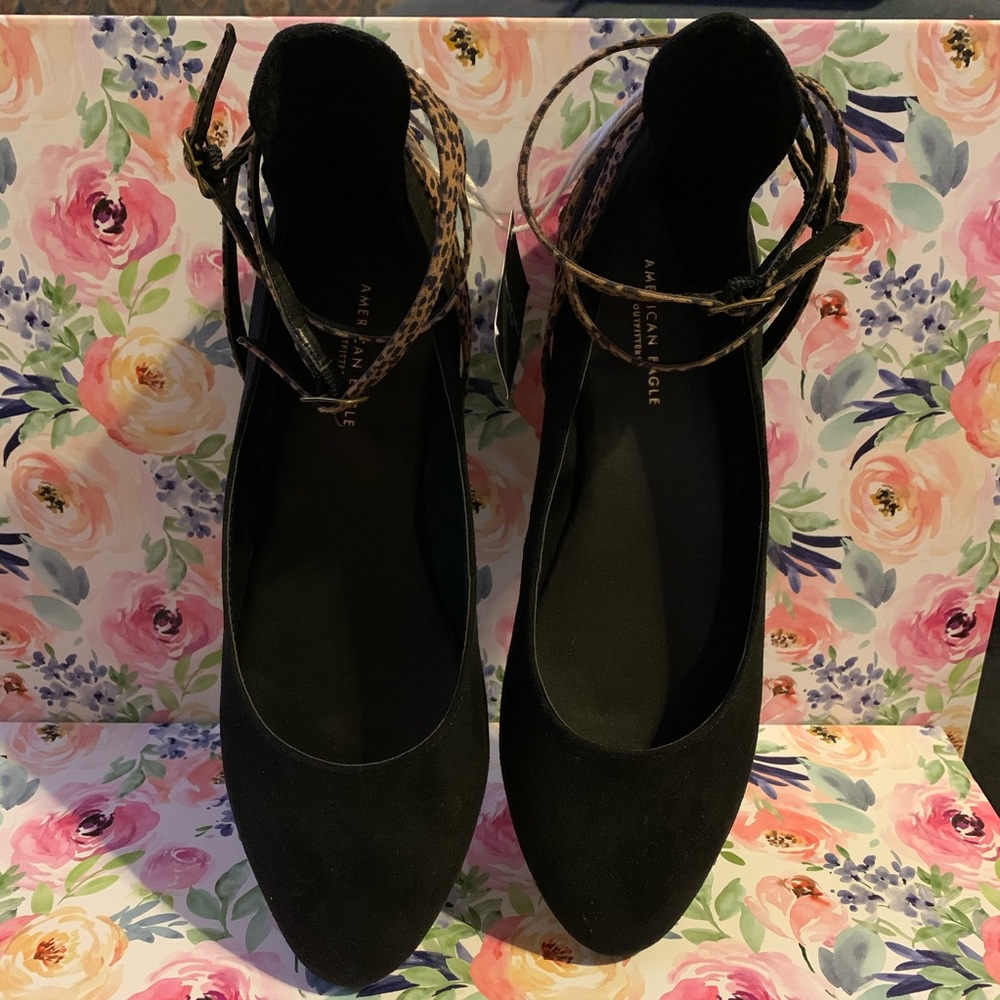 AE Black Flats with Leopard Print Straps